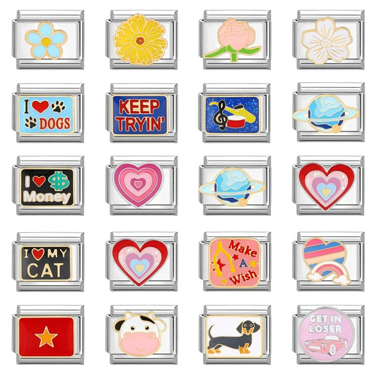 LOVE & Nature Charm Set — 9MM Italian Links with Heart, Daisy, Dog & Planet Motifs Trendy DIY Bracelet for Women