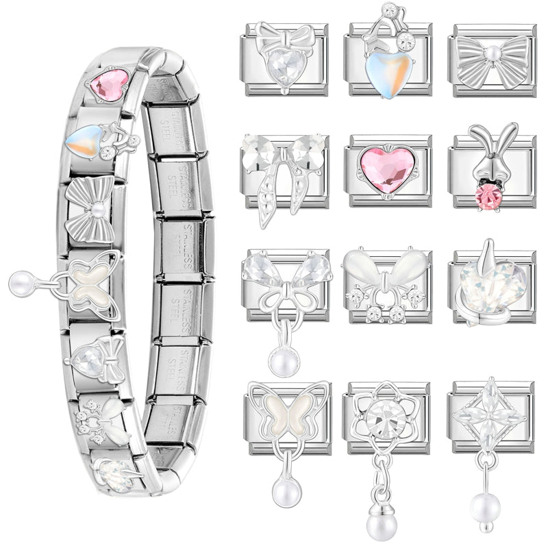 Shiny Zircon Butterfly & Heart Charm — Romantic 9MM Italian Link for Women’s DIY Stainless Steel Bracelets