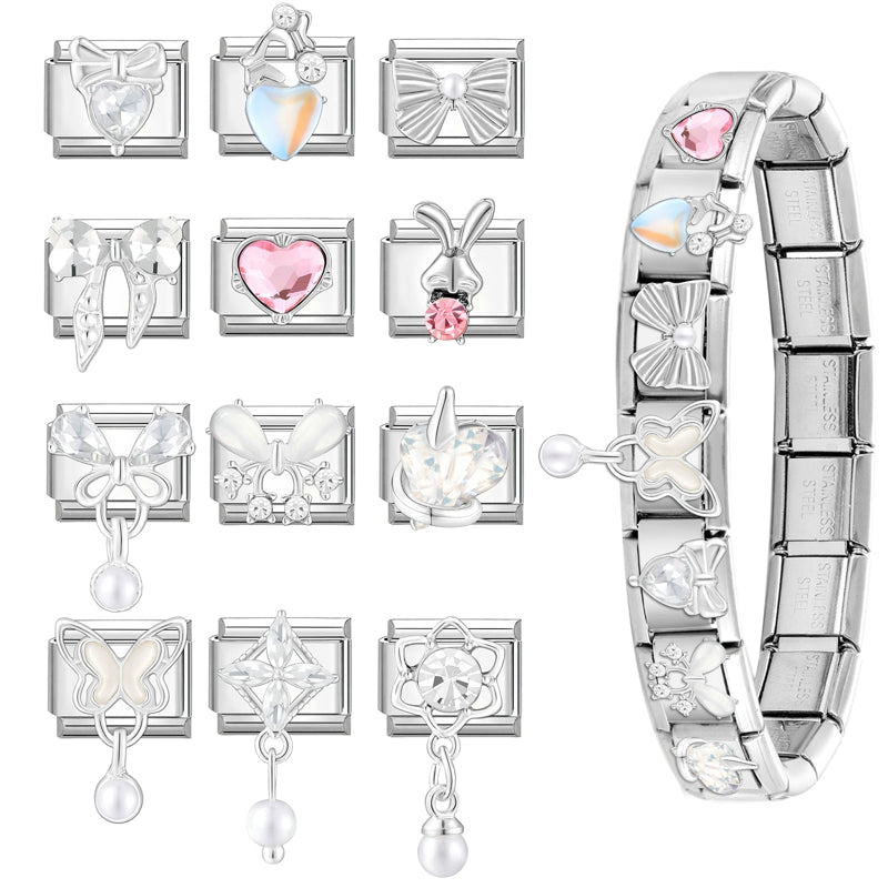 Shiny Zircon Butterfly & Heart Charm — Romantic 9MM Italian Link for Women’s DIY Stainless Steel Bracelets