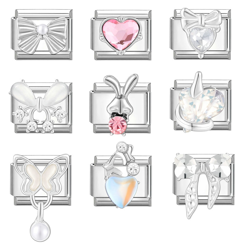 Shiny Zircon Butterfly & Heart Charm — Romantic 9MM Italian Link for Women’s DIY Stainless Steel Bracelets