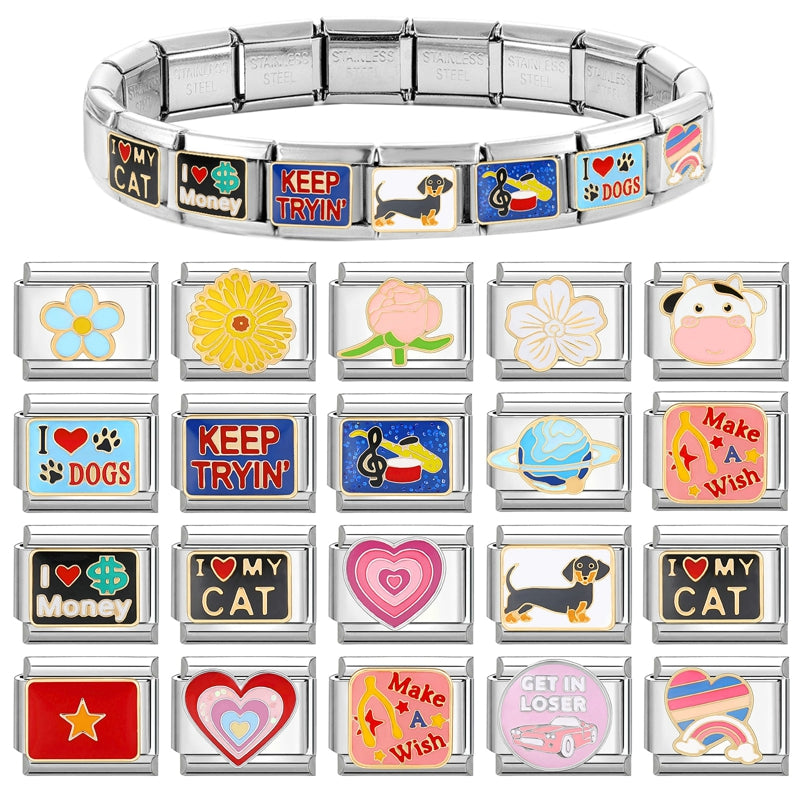 LOVE & Nature Charm Set — 9MM Italian Links with Heart, Daisy, Dog & Planet Motifs  Trendy DIY Bracelet for Women