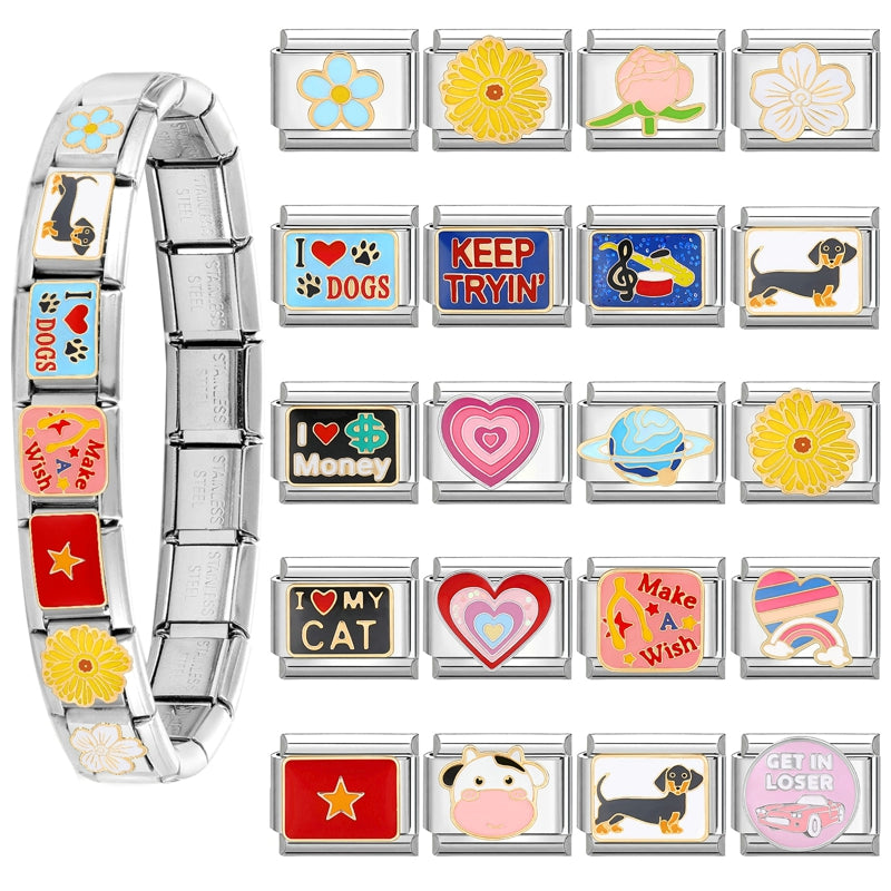 LOVE & Nature Charm Set — 9MM Italian Links with Heart, Daisy, Dog & Planet Motifs  Trendy DIY Bracelet for Women