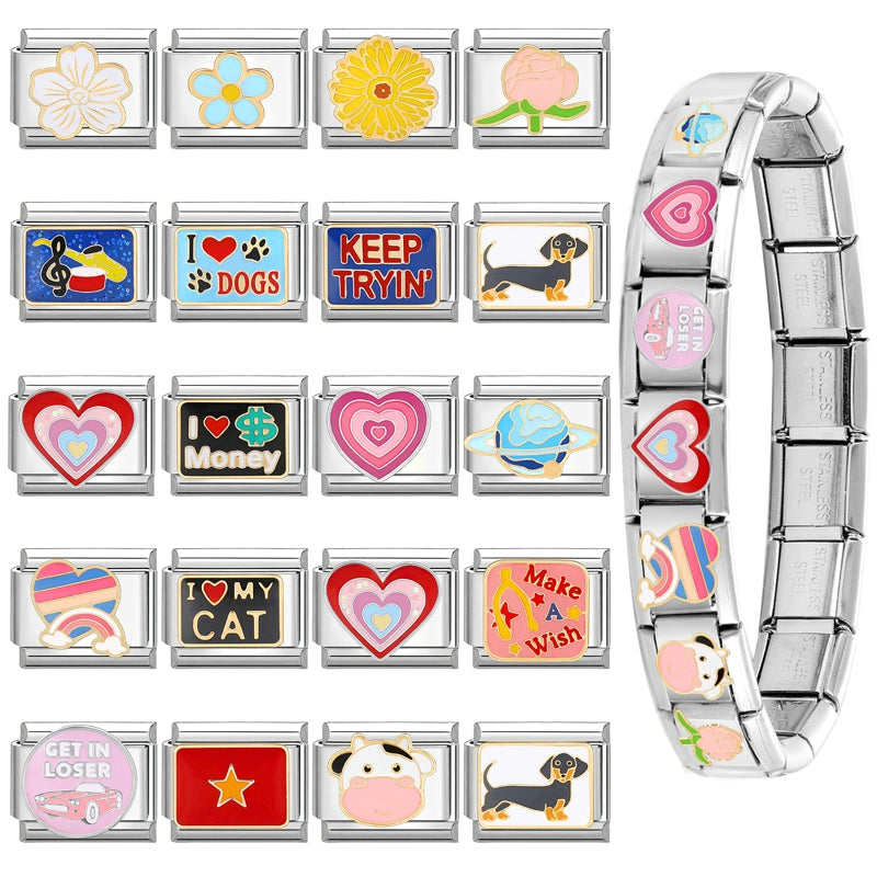 LOVE & Nature Charm Set — 9MM Italian Links with Heart, Daisy, Dog & Planet Motifs  Trendy DIY Bracelet for Women