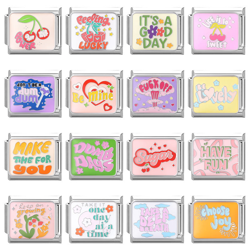 Colorful Word Charms — “Have Fun”, “Power”, “Lucky”, “Be Mine”  9MM Italian Links for Unisex DIY Bracelets
