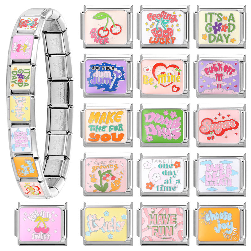Colorful Word Charms — “Have Fun”, “Power”, “Lucky”, “Be Mine”  9MM Italian Links for Unisex DIY Bracelets