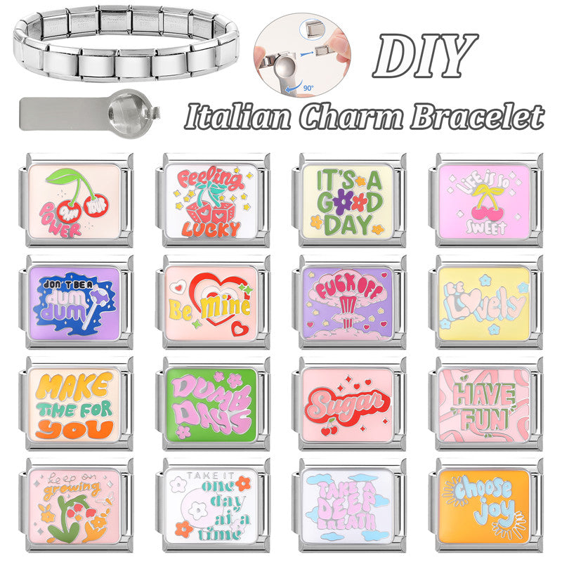 Colorful Word Charms — “Have Fun”, “Power”, “Lucky”, “Be Mine”  9MM Italian Links for Unisex DIY Bracelets