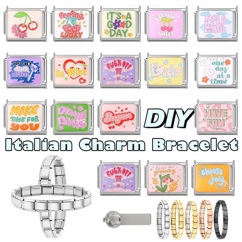 Colorful Word Charms — “Have Fun”, “Power”, “Lucky”, “Be Mine”  9MM Italian Links for Unisex DIY Bracelets