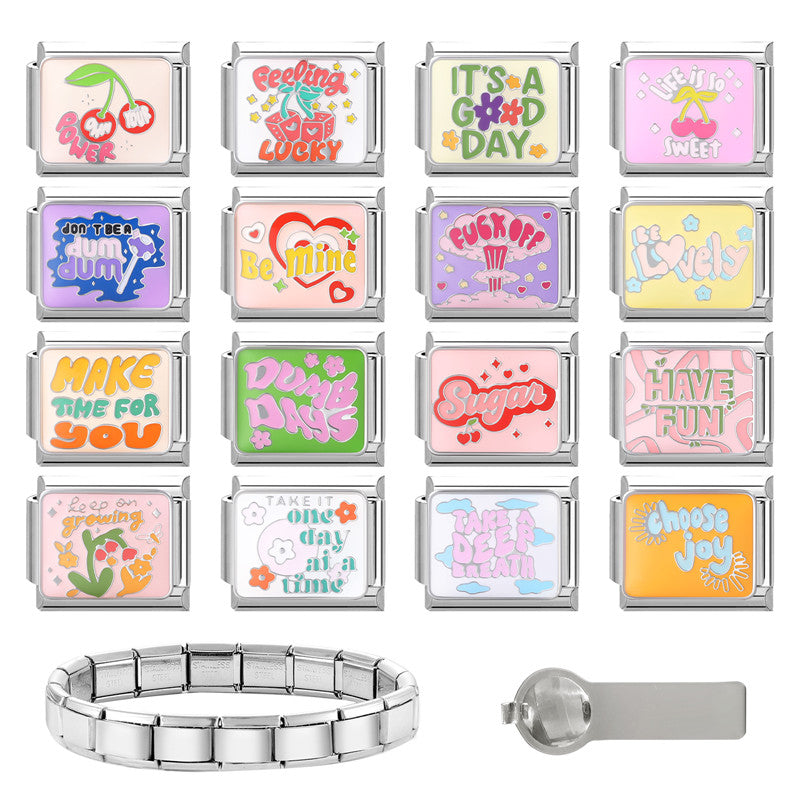 Colorful Word Charms — “Have Fun”, “Power”, “Lucky”, “Be Mine”  9MM Italian Links for Unisex DIY Bracelets