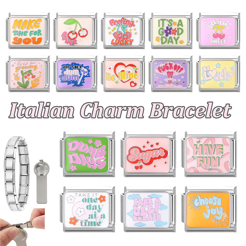 Colorful Word Charms — “Have Fun”, “Power”, “Lucky”, “Be Mine”  9MM Italian Links for Unisex DIY Bracelets