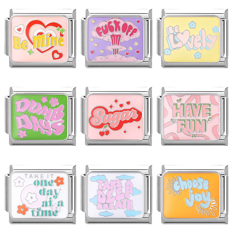 Colorful Word Charms — “Have Fun”, “Power”, “Lucky”, “Be Mine”  9MM Italian Links for Unisex DIY Bracelets