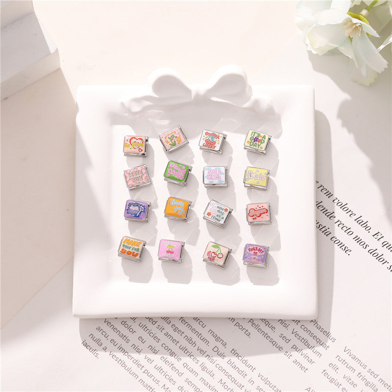 Colorful Word Charms — “Have Fun”, “Power”, “Lucky”, “Be Mine”  9MM Italian Links for Unisex DIY Bracelets