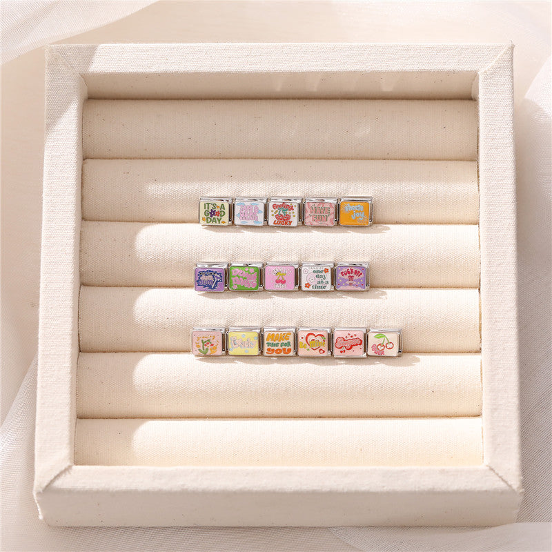 Colorful Word Charms — “Have Fun”, “Power”, “Lucky”, “Be Mine”  9MM Italian Links for Unisex DIY Bracelets