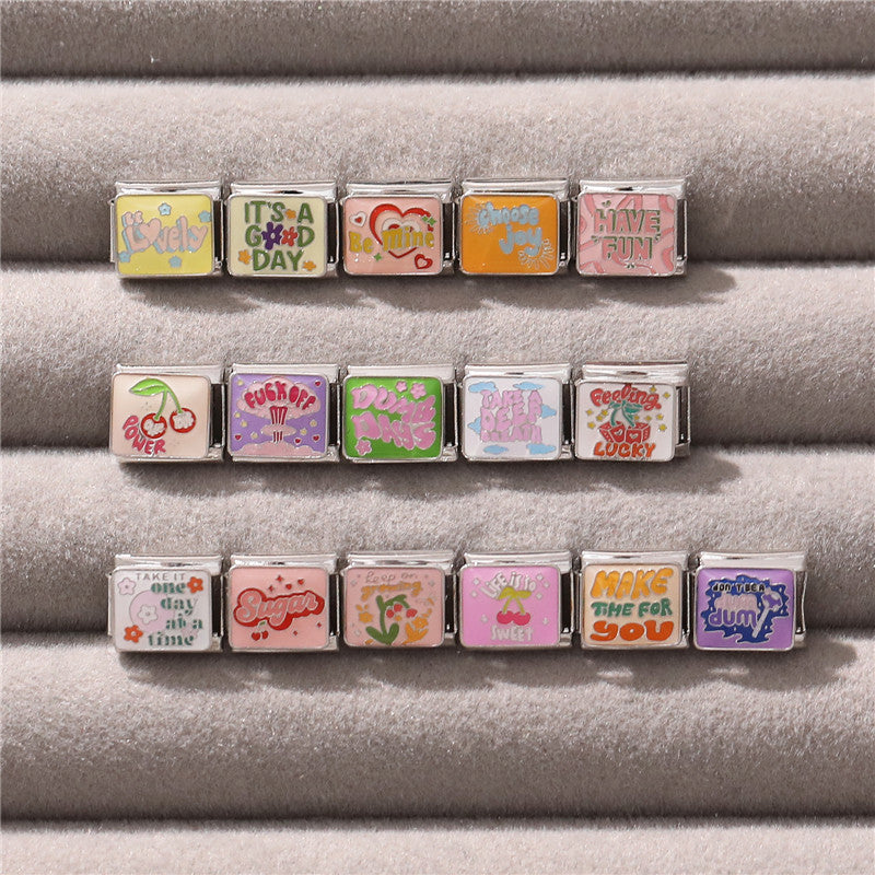 Colorful Word Charms — “Have Fun”, “Power”, “Lucky”, “Be Mine”  9MM Italian Links for Unisex DIY Bracelets