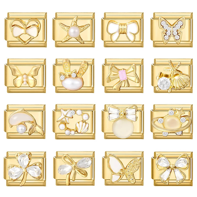 Y2K Golden Flower & Bow Charm — Romantic Pendant for 9MM Italian Link Bracelets  DIY Jewelry for Women