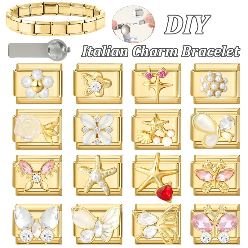 Y2K Golden Flower & Bow Charm — Romantic Pendant for 9MM Italian Link Bracelets  DIY Jewelry for Women