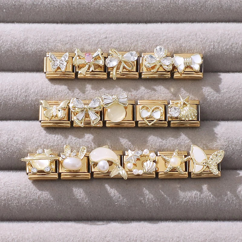 Y2K Golden Flower & Bow Charm — Romantic Pendant for 9MM Italian Link Bracelets  DIY Jewelry for Women