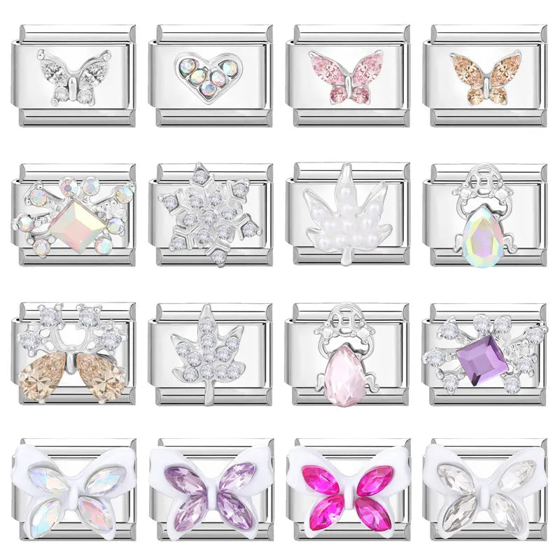 Shiny Zircon Butterfly & Heart Charm — Romantic 9MM Italian Link for Women’s DIY Stainless Steel Bracelets