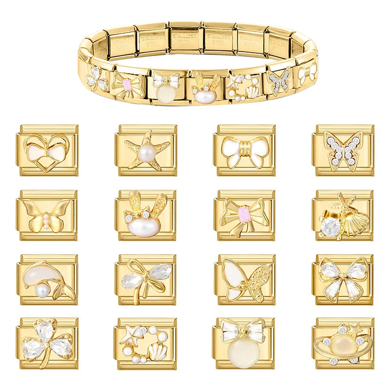 Y2K Golden Flower & Bow Charm — Romantic Pendant for 9MM Italian Link Bracelets  DIY Jewelry for Women