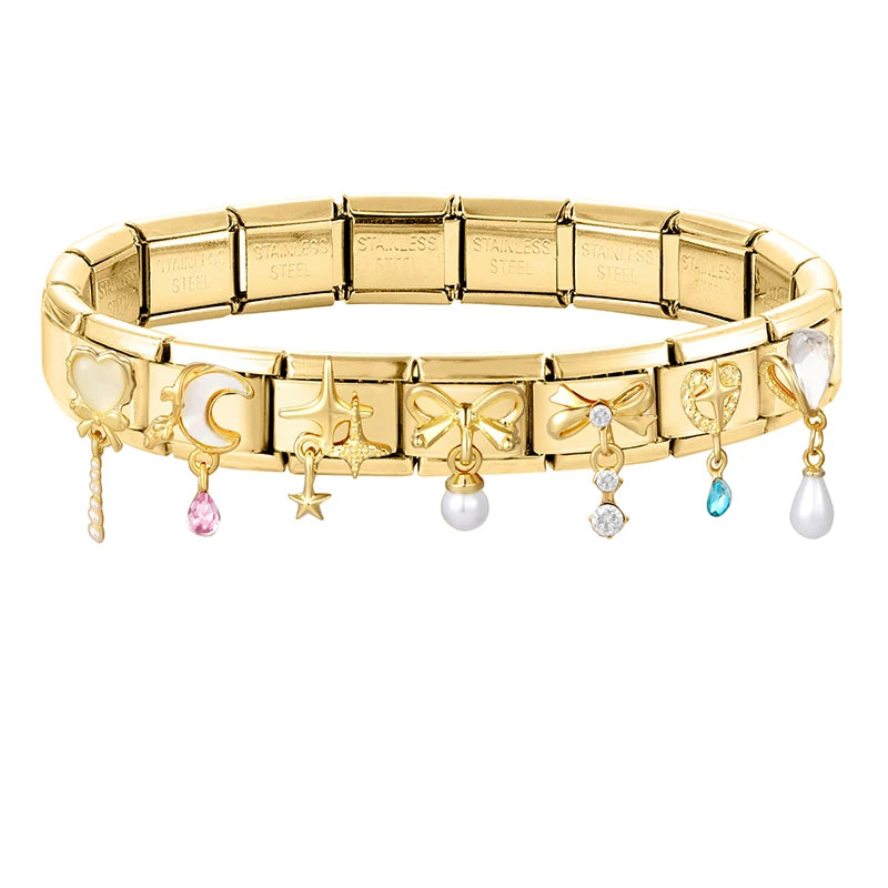 Y2K Golden Flower & Bow Charm — Romantic Pendant for 9MM Italian Link Bracelets  DIY Jewelry for Women