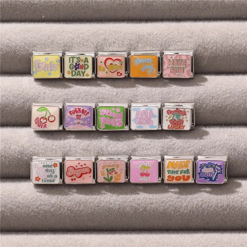 Colorful Word Charms — “Have Fun”, “Power”, “Lucky”, “Be Mine”  9MM Italian Links for Unisex DIY Bracelets