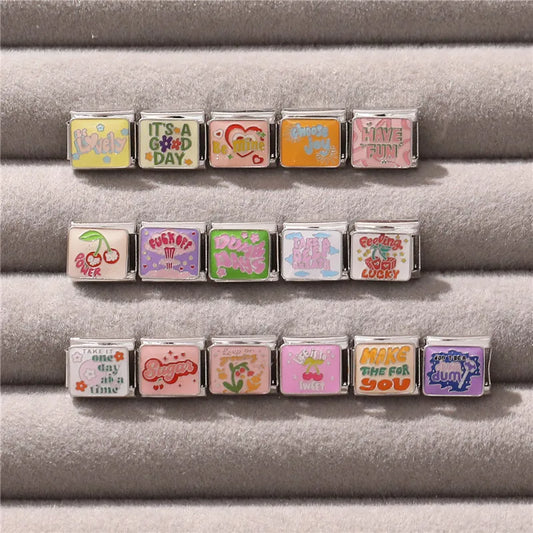 Colorful Word Charms — “Have Fun”, “Power”, “Lucky”, “Be Mine”  9MM Italian Links for Unisex DIY Bracelets