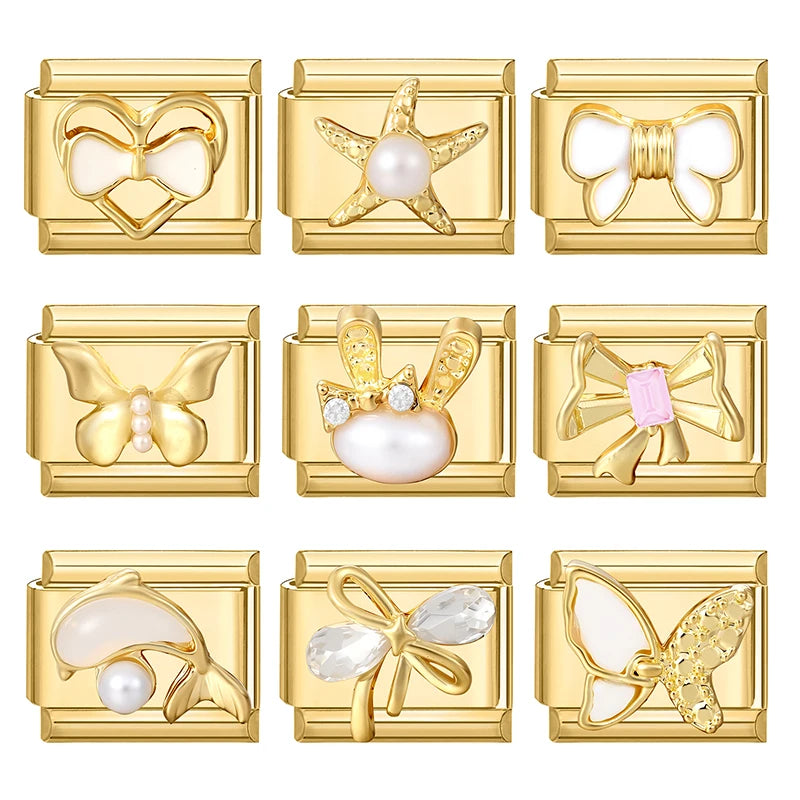 Y2K Golden Flower & Bow Charm — Romantic Pendant for 9MM Italian Link Bracelets  DIY Jewelry for Women