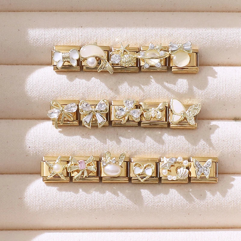 Y2K Golden Flower & Bow Charm — Romantic Pendant for 9MM Italian Link Bracelets  DIY Jewelry for Women