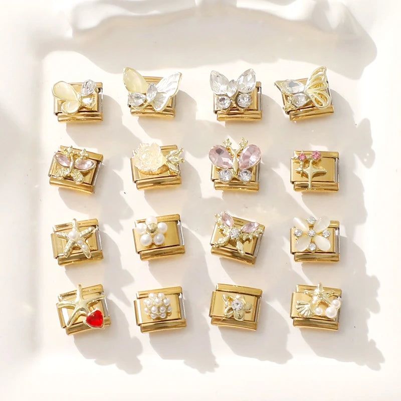 Y2K Golden Flower & Bow Charm — Romantic Pendant for 9MM Italian Link Bracelets  DIY Jewelry for Women