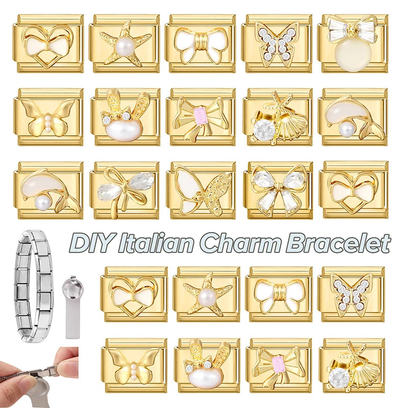 Y2K Golden Flower & Bow Charm — Romantic Pendant for 9MM Italian Link Bracelets  DIY Jewelry for Women