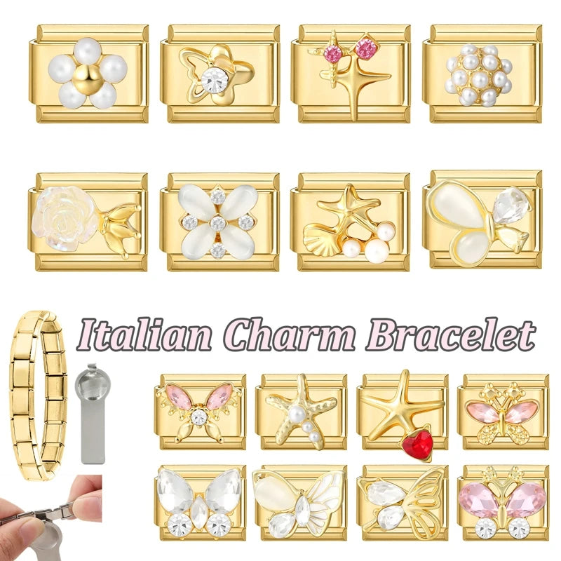 Y2K Golden Flower & Bow Charm — Romantic Pendant for 9MM Italian Link Bracelets  DIY Jewelry for Women