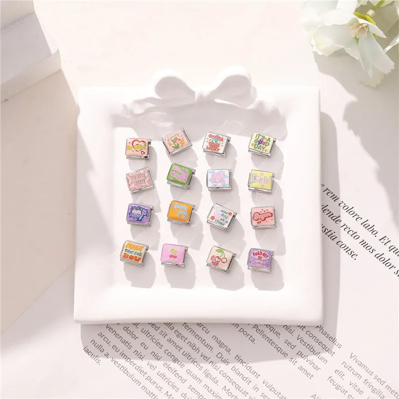 Colorful Word Charms — “Have Fun”, “Power”, “Lucky”, “Be Mine”  9MM Italian Links for Unisex DIY Bracelets