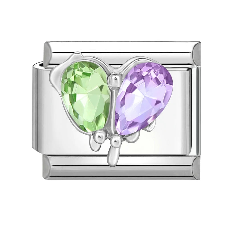 Shiny Zircon Butterfly & Heart Charm — Romantic 9MM Italian Link for Women’s DIY Stainless Steel Bracelets