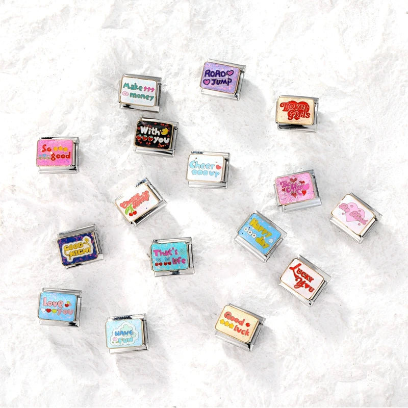 Colorful Word Charms — “Have Fun”, “Power”, “Lucky”, “Be Mine”  9MM Italian Links for Unisex DIY Bracelets