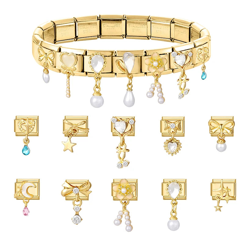 Y2K Golden Flower & Bow Charm — Romantic Pendant for 9MM Italian Link Bracelets  DIY Jewelry for Women