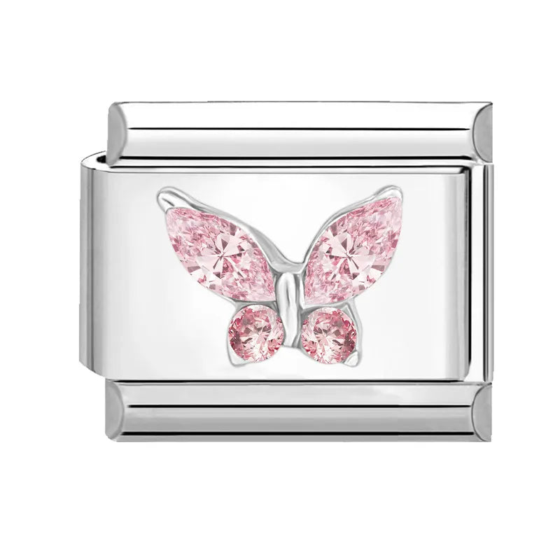 Shiny Zircon Butterfly & Heart Charm — Romantic 9MM Italian Link for Women’s DIY Stainless Steel Bracelets