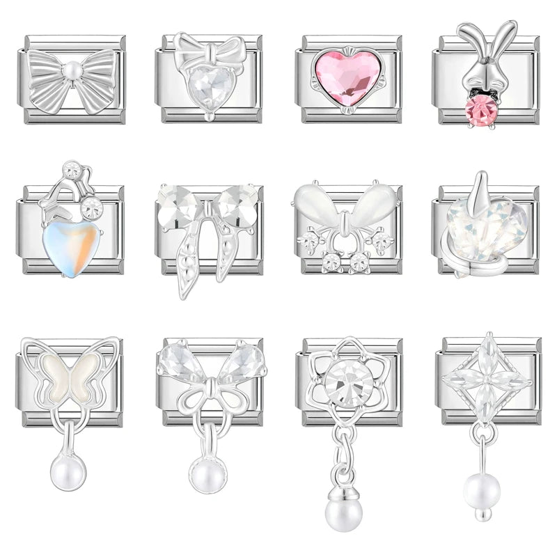 Shiny Zircon Butterfly & Heart Charm — Romantic 9MM Italian Link for Women’s DIY Stainless Steel Bracelets