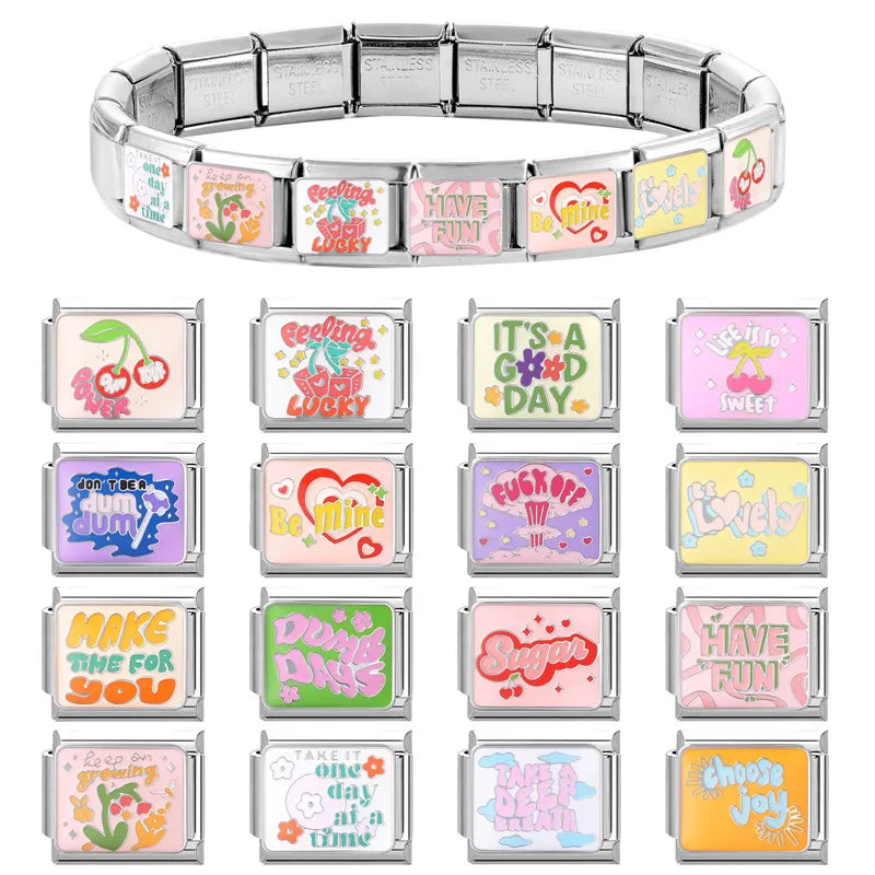 Colorful Word Charms — “Have Fun”, “Power”, “Lucky”, “Be Mine”  9MM Italian Links for Unisex DIY Bracelets
