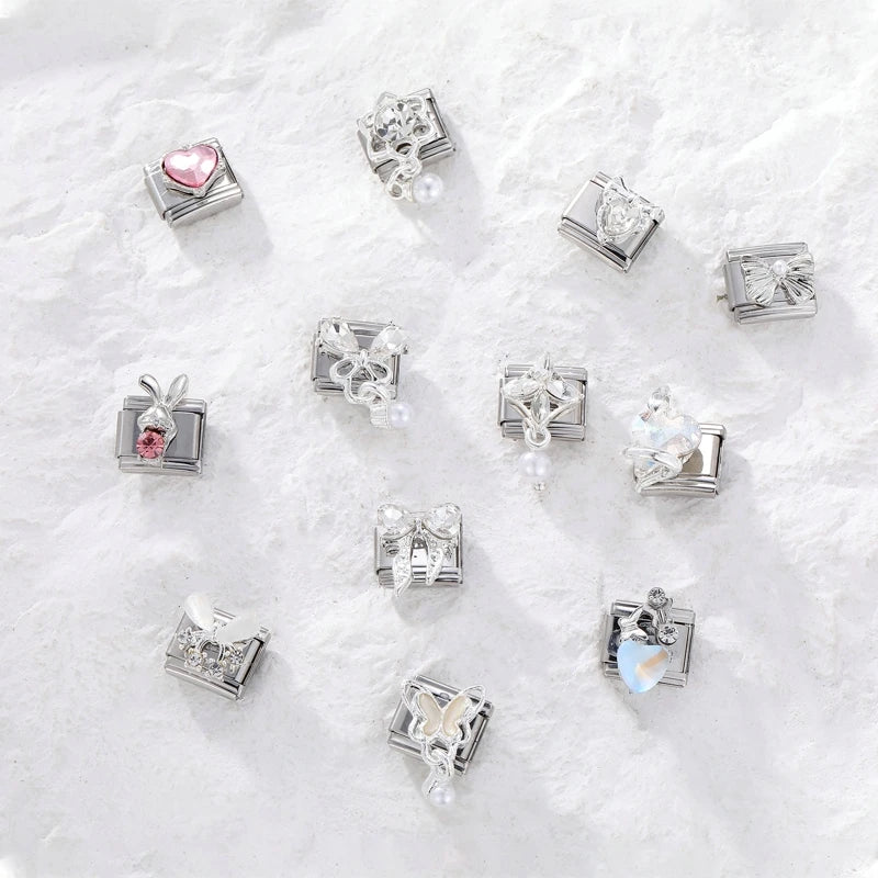 Shiny Zircon Butterfly & Heart Charm — Romantic 9MM Italian Link for Women’s DIY Stainless Steel Bracelets