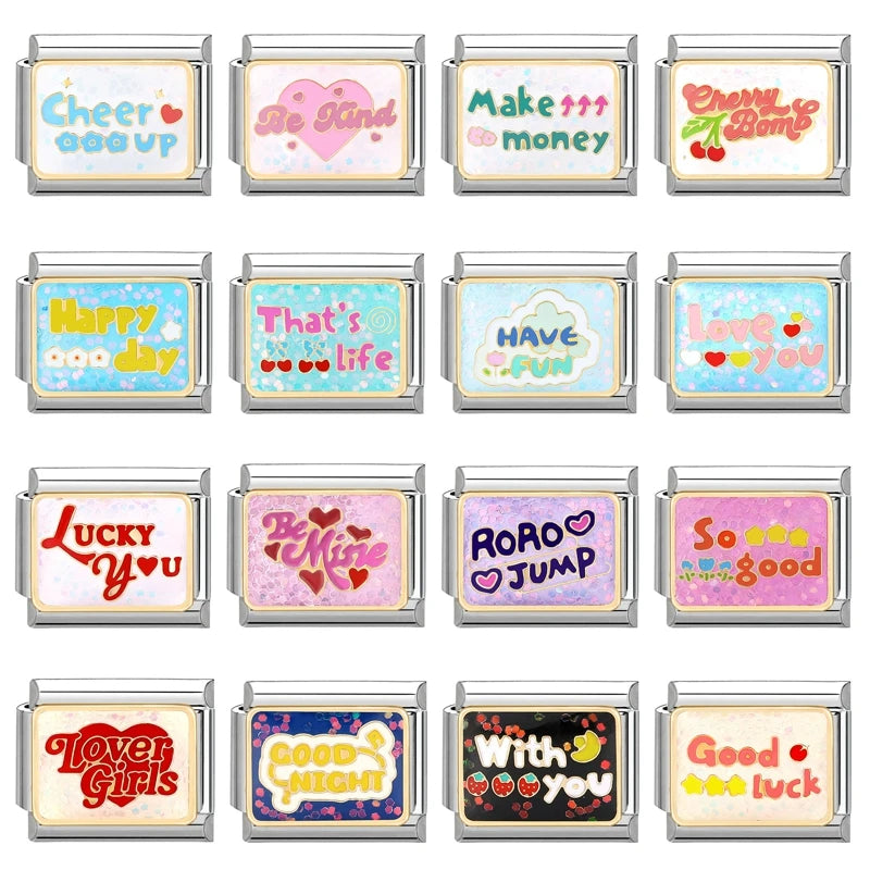 Colorful Word Charms — “Have Fun”, “Power”, “Lucky”, “Be Mine”  9MM Italian Links for Unisex DIY Bracelets