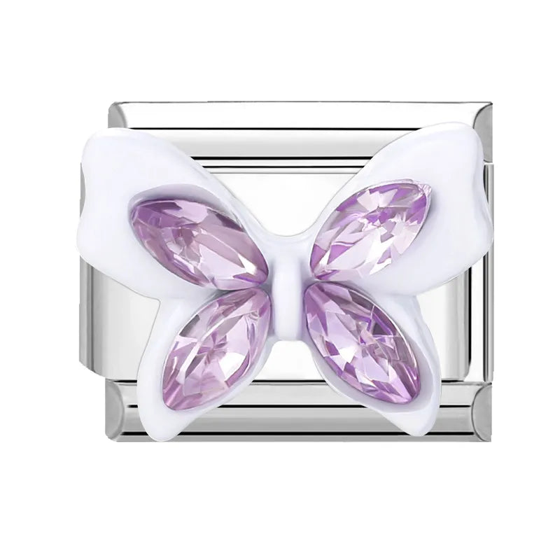 Shiny Zircon Butterfly & Heart Charm — Romantic 9MM Italian Link for Women’s DIY Stainless Steel Bracelets