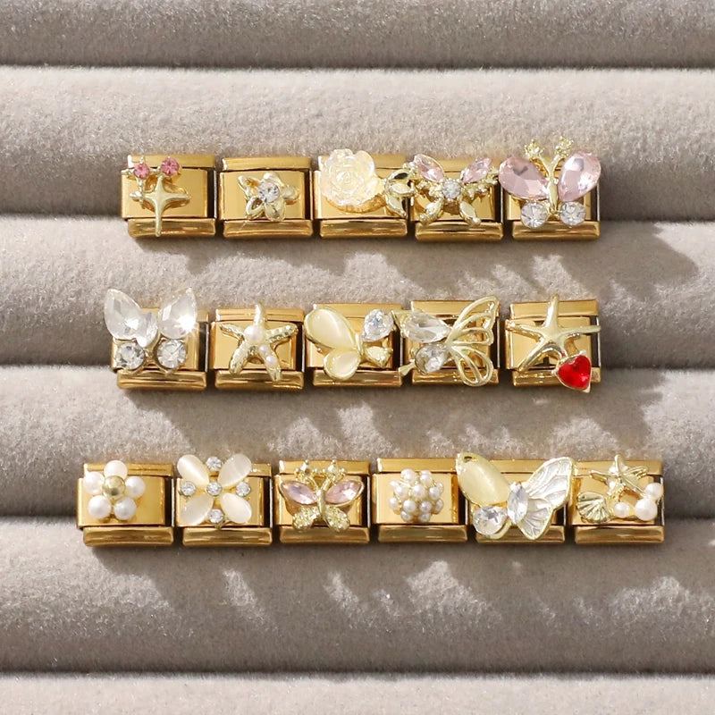 Y2K Golden Flower & Bow Charm — Romantic Pendant for 9MM Italian Link Bracelets  DIY Jewelry for Women