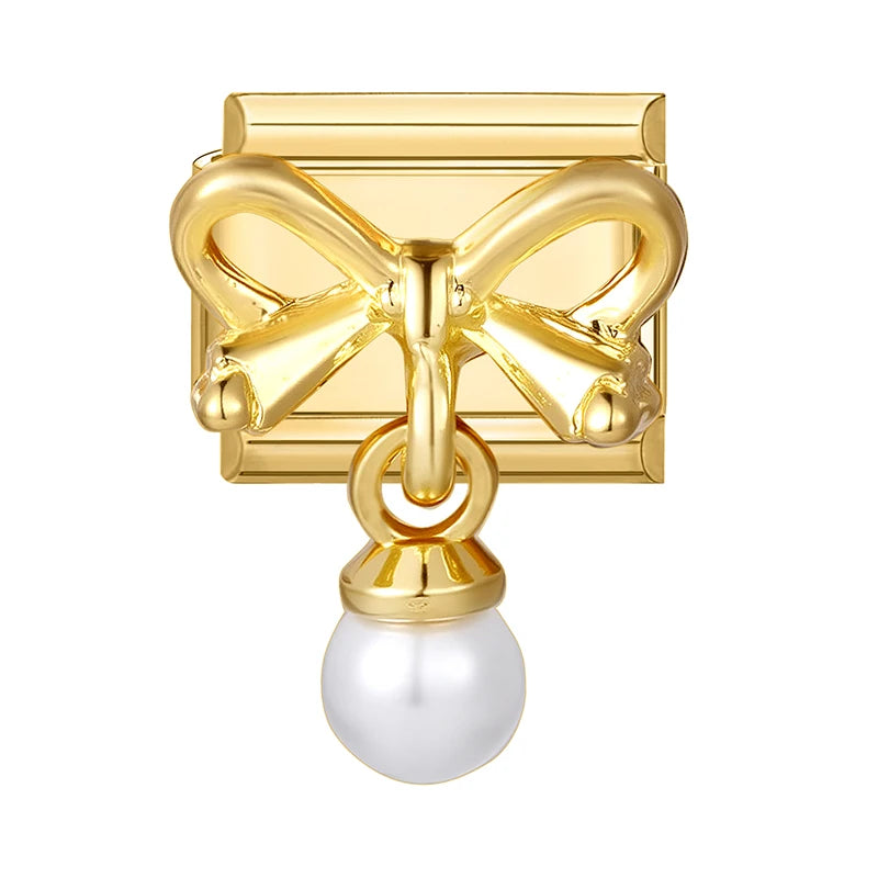 Y2K Golden Flower & Bow Charm — Romantic Pendant for 9MM Italian Link Bracelets  DIY Jewelry for Women