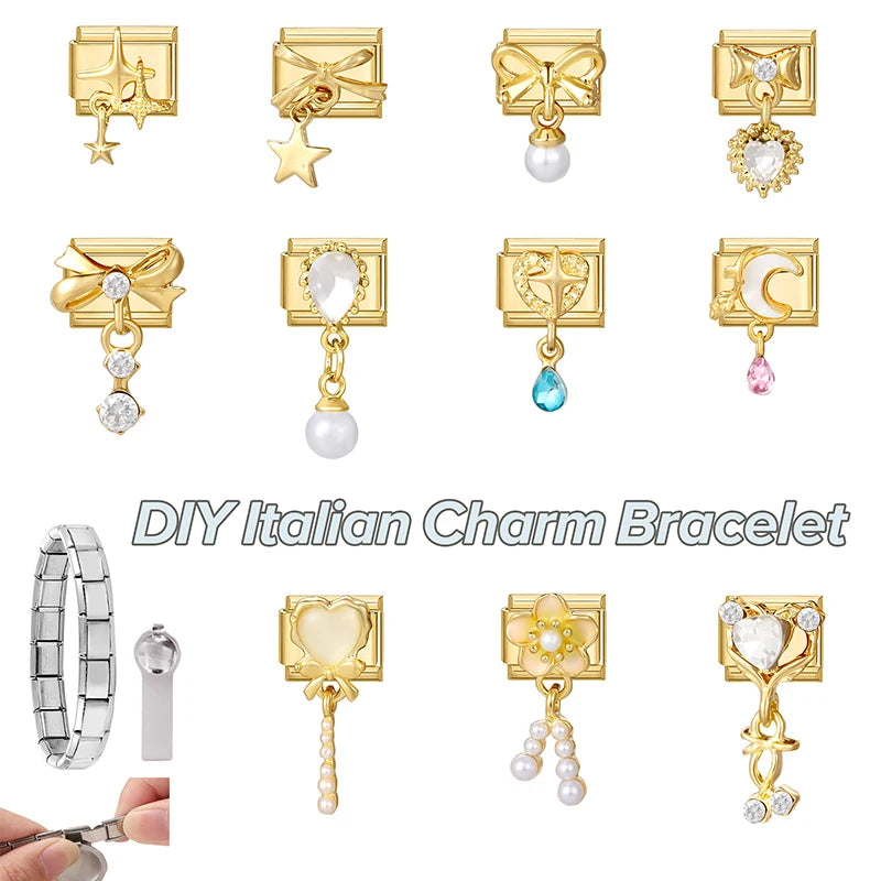 Y2K Golden Flower & Bow Charm — Romantic Pendant for 9MM Italian Link Bracelets  DIY Jewelry for Women