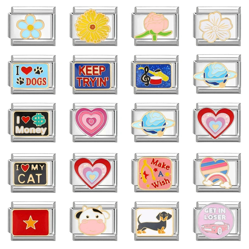 LOVE & Nature Charm Set — 9MM Italian Links with Heart, Daisy, Dog & Planet Motifs  Trendy DIY Bracelet for Women