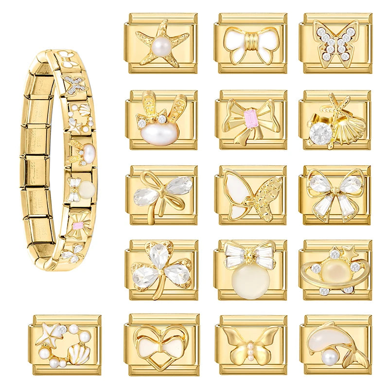 Y2K Golden Flower & Bow Charm — Romantic Pendant for 9MM Italian Link Bracelets  DIY Jewelry for Women