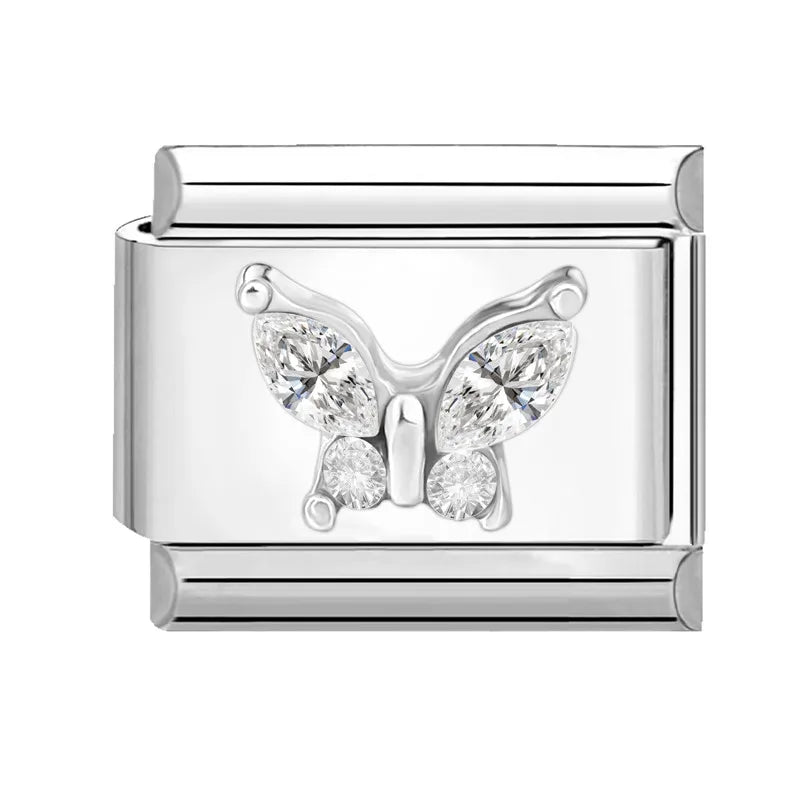 Shiny Zircon Butterfly & Heart Charm — Romantic 9MM Italian Link for Women’s DIY Stainless Steel Bracelets