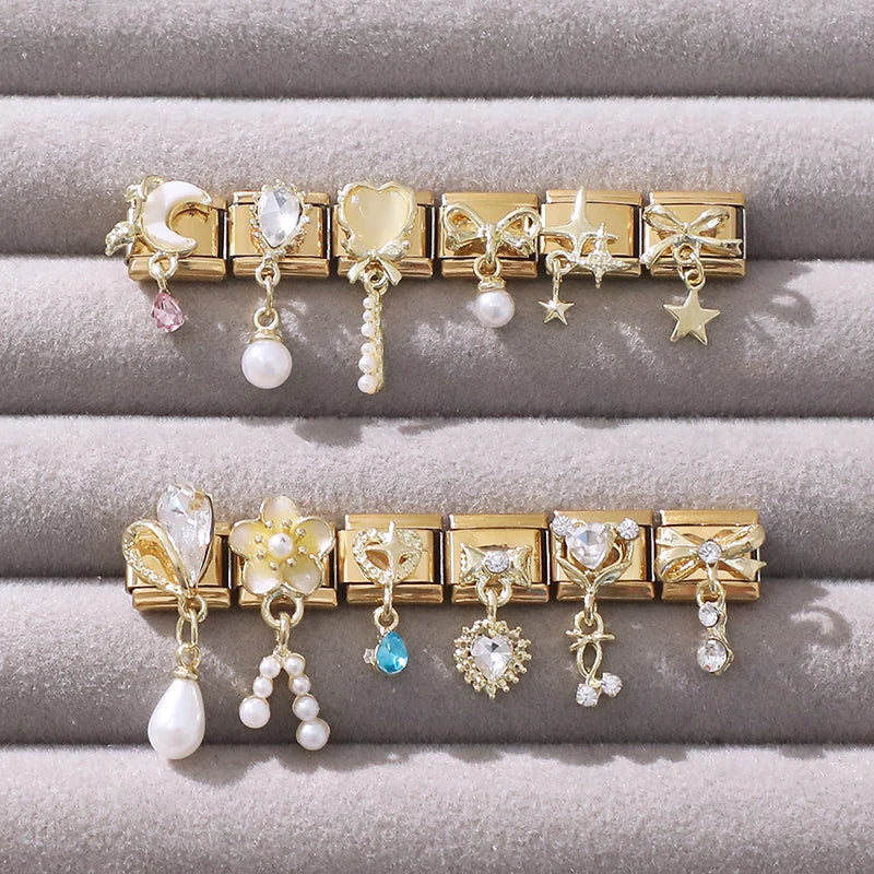 Y2K Golden Flower & Bow Charm — Romantic Pendant for 9MM Italian Link Bracelets  DIY Jewelry for Women