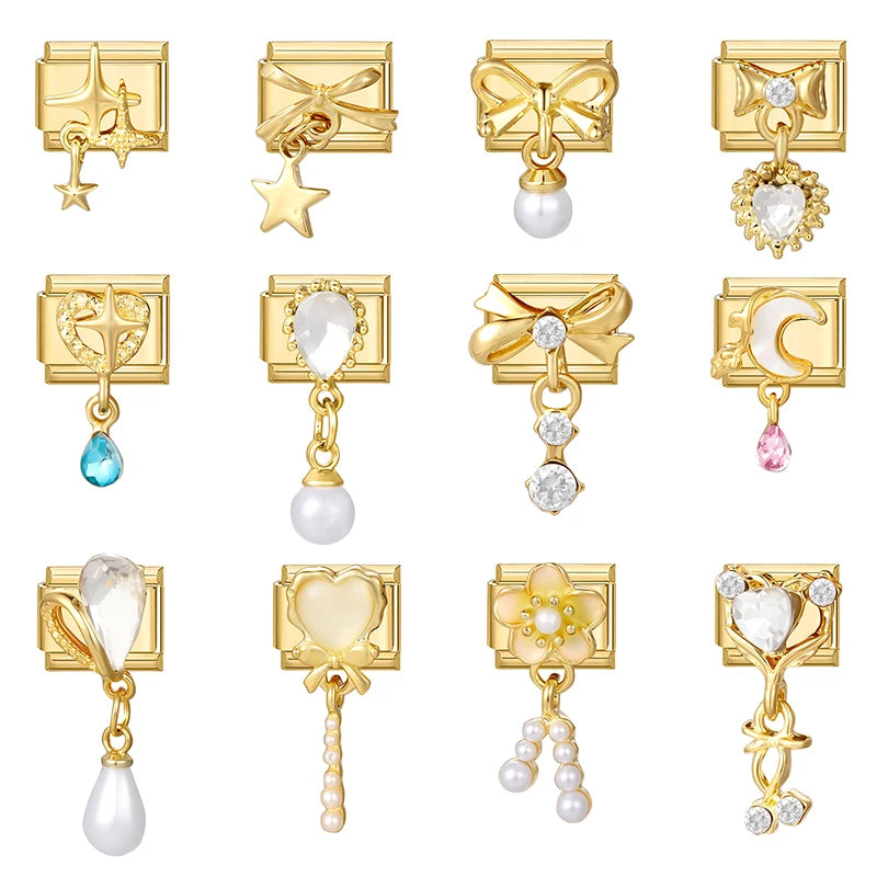 Y2K Golden Flower & Bow Charm — Romantic Pendant for 9MM Italian Link Bracelets  DIY Jewelry for Women