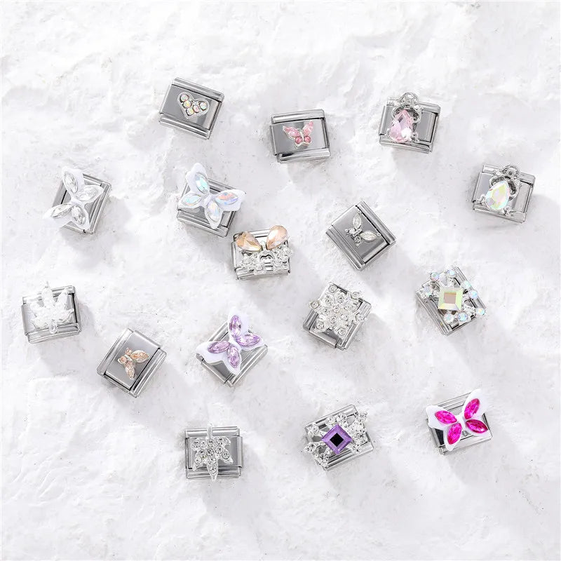 Shiny Zircon Butterfly & Heart Charm — Romantic 9MM Italian Link for Women’s DIY Stainless Steel Bracelets