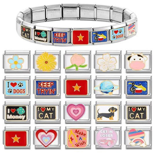 LOVE & Nature Charm Set — 9MM Italian Links with Heart, Daisy, Dog & Planet Motifs  Trendy DIY Bracelet for Women